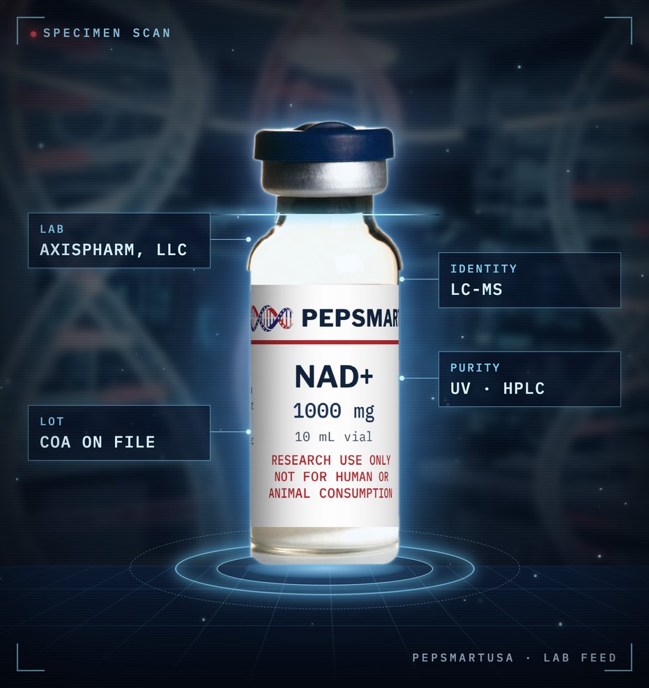 A PepsMartUSA NAD+ 1000mg research vial on a scanner platform, with readouts for identity, purity, lot and lab