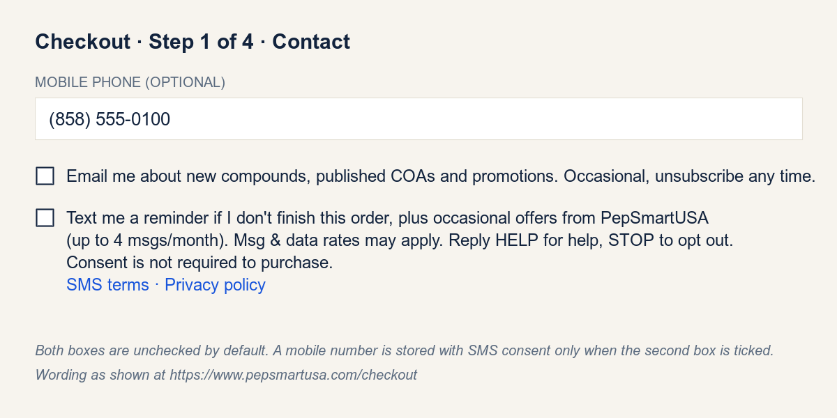 The checkout contact step showing the mobile phone field and the unchecked text-message consent box